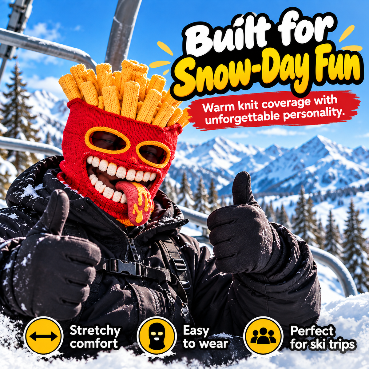 Funny Food Balaclava Ski Mask, Novelty Knitted Full Face Mask with Stretch Fit, Warm Winter Head Cover for Skiing, Snowboarding, Streetwear, Parties & Costume Fun
