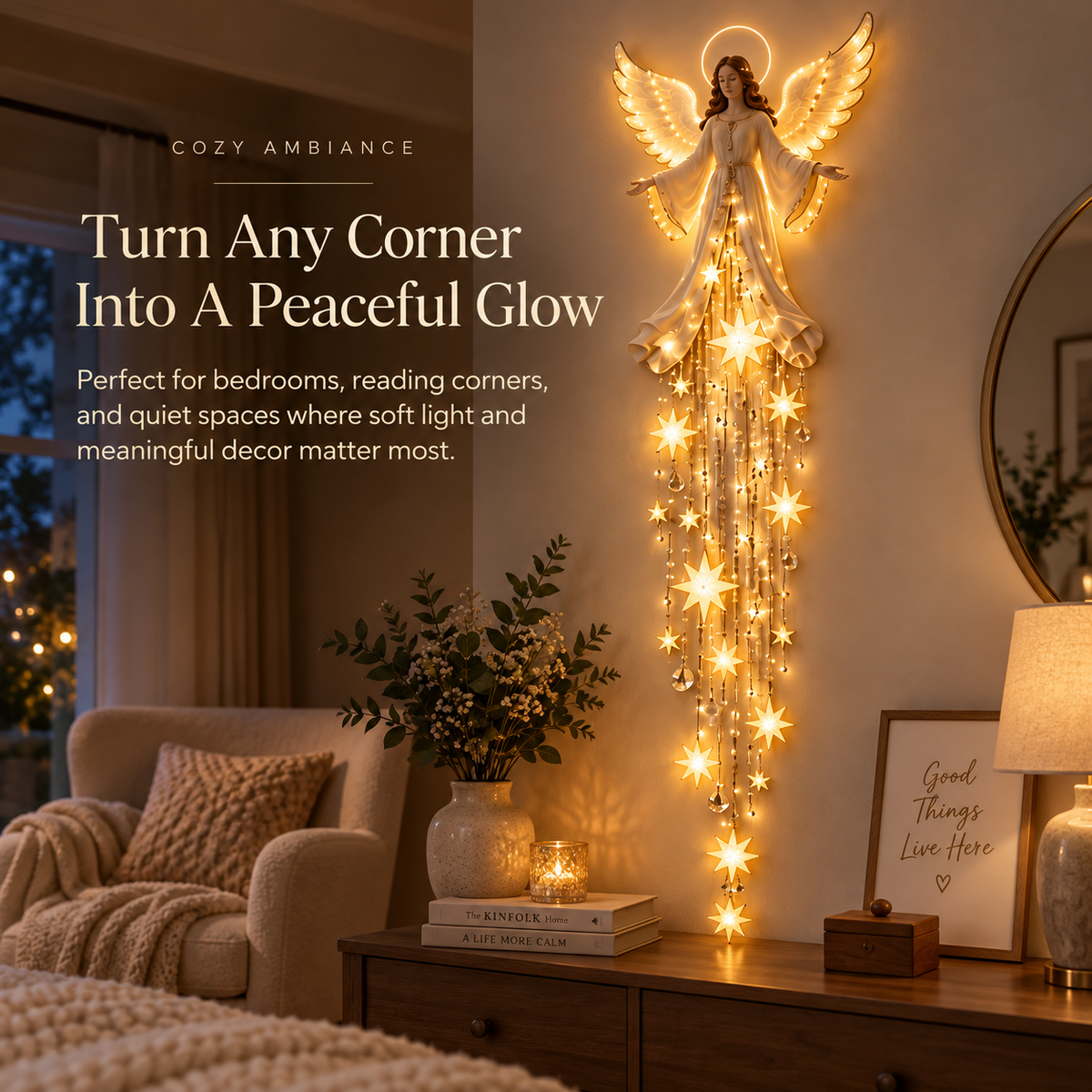 Christmas Angel Wall Light Decor, Warm LED Lighted Angel with Hanging Star Lights, Elegant Holiday Wall Decoration for Home, Living Room, Bedroom & Entryway