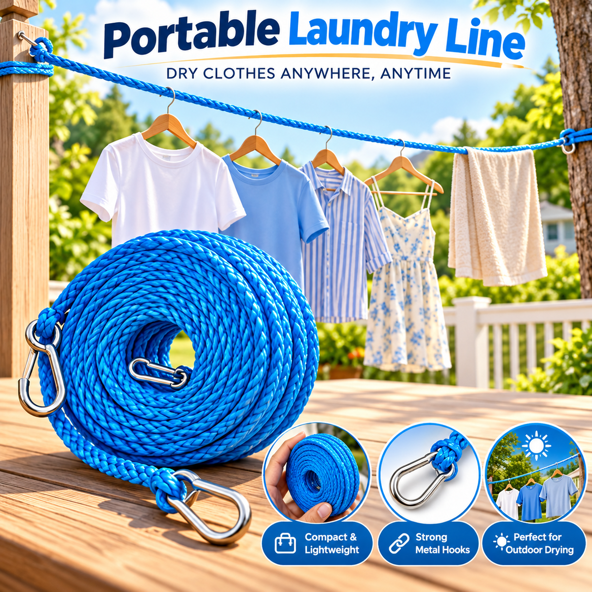 Bright blue portable braided clothesline with metal hooks, displayed beside shirts and towels hanging outdoors between secure supports