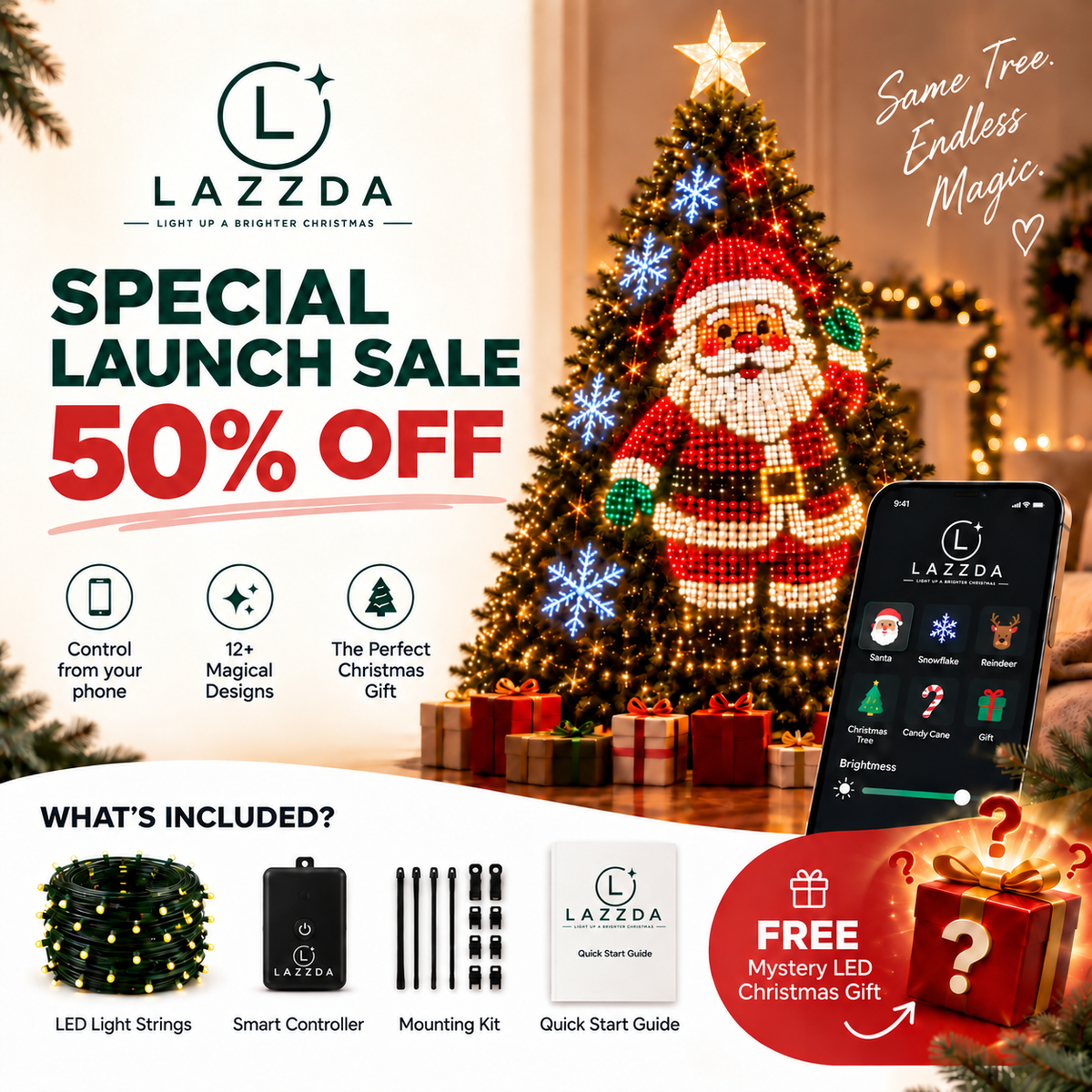 Smart animated Christmas tree light kit with LED strands controller mounting accessories and guide