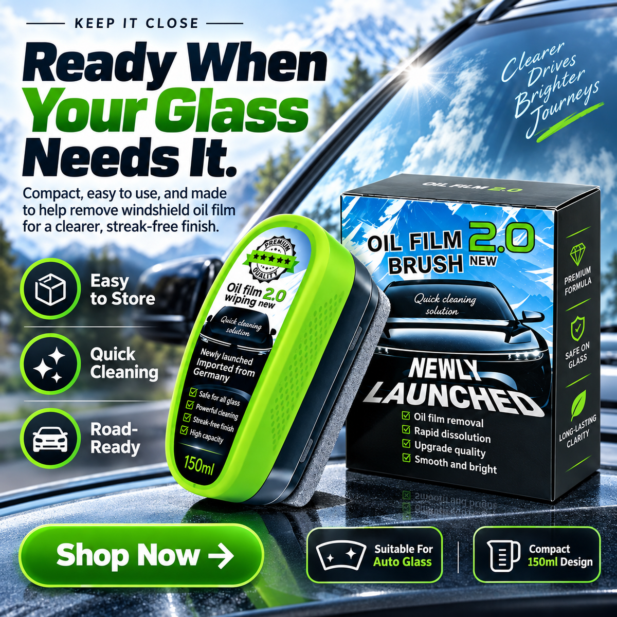 Car Windshield Oil Film Remover, Glass Cleaning Brush with Built-In Cleaner, Streak-Free Auto Glass Cleaner for Windshield, Windows & Mirrors, Easy Visibility Restorer