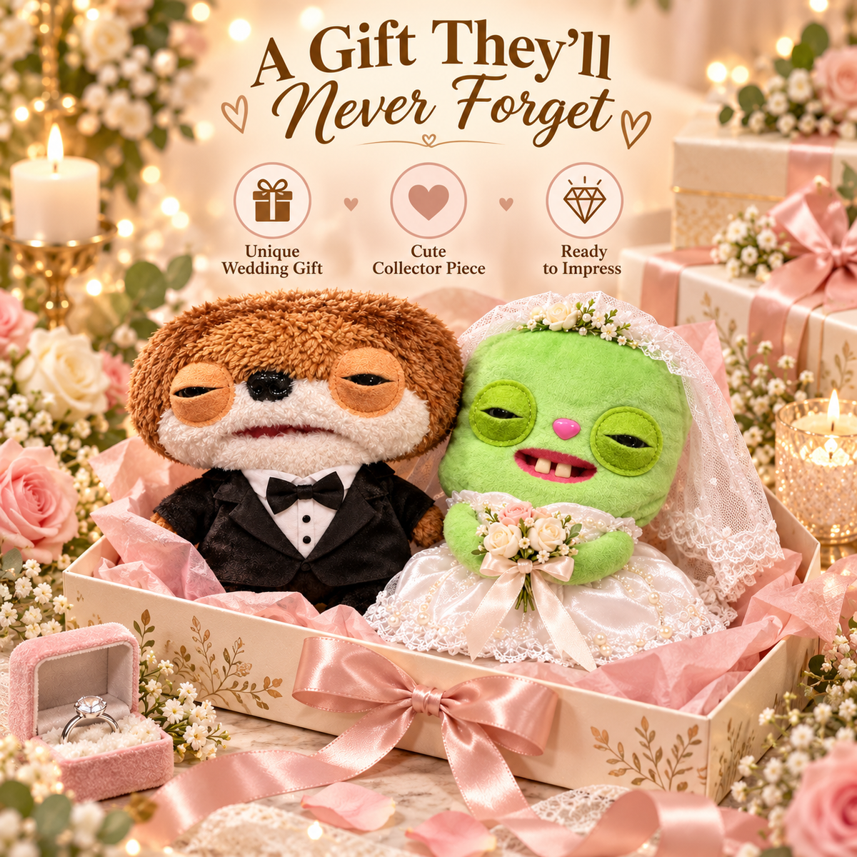 Bride and groom stuffed animal gift set displayed in a floral wedding gift box with pink ribbon, roses, candles and romantic decorations