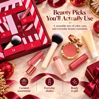 24-Day Beauty Advent Calendar for Women, Christmas Makeup Countdown Gift Box with Daily Beauty Surprises, Cosmetics, Brushes & Glow Essentials for Girls, Teens & Makeup Lovers