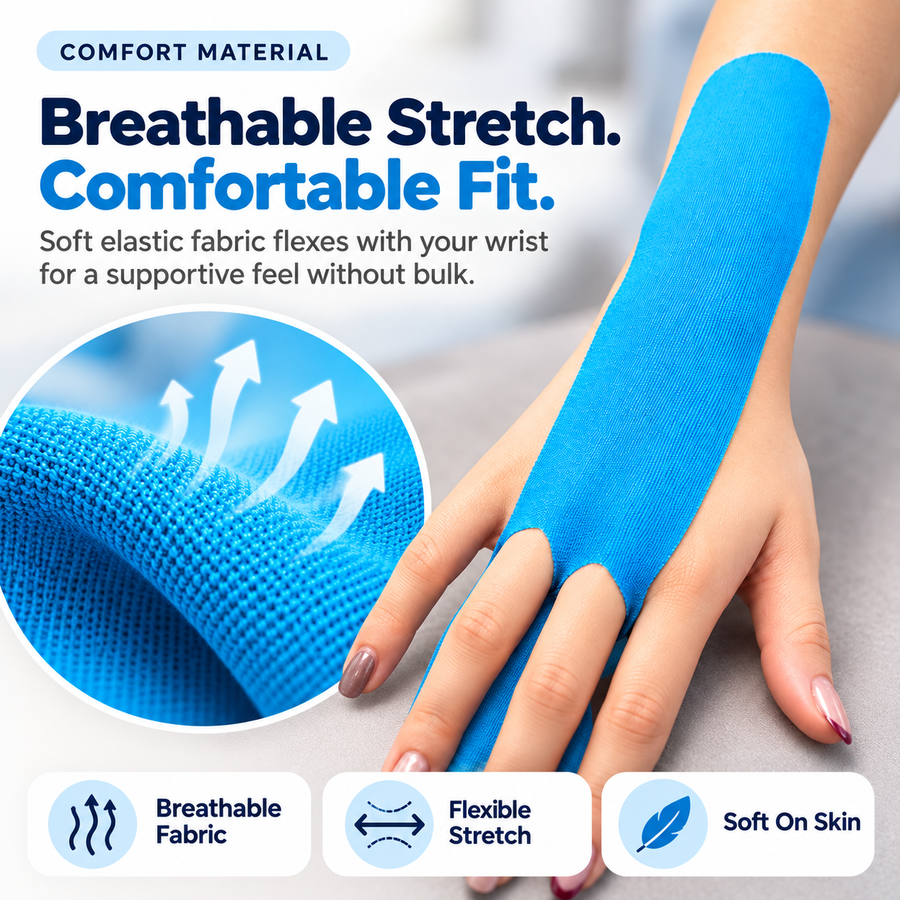 Close-up of breathable elastic material and fitted blue wrist tape