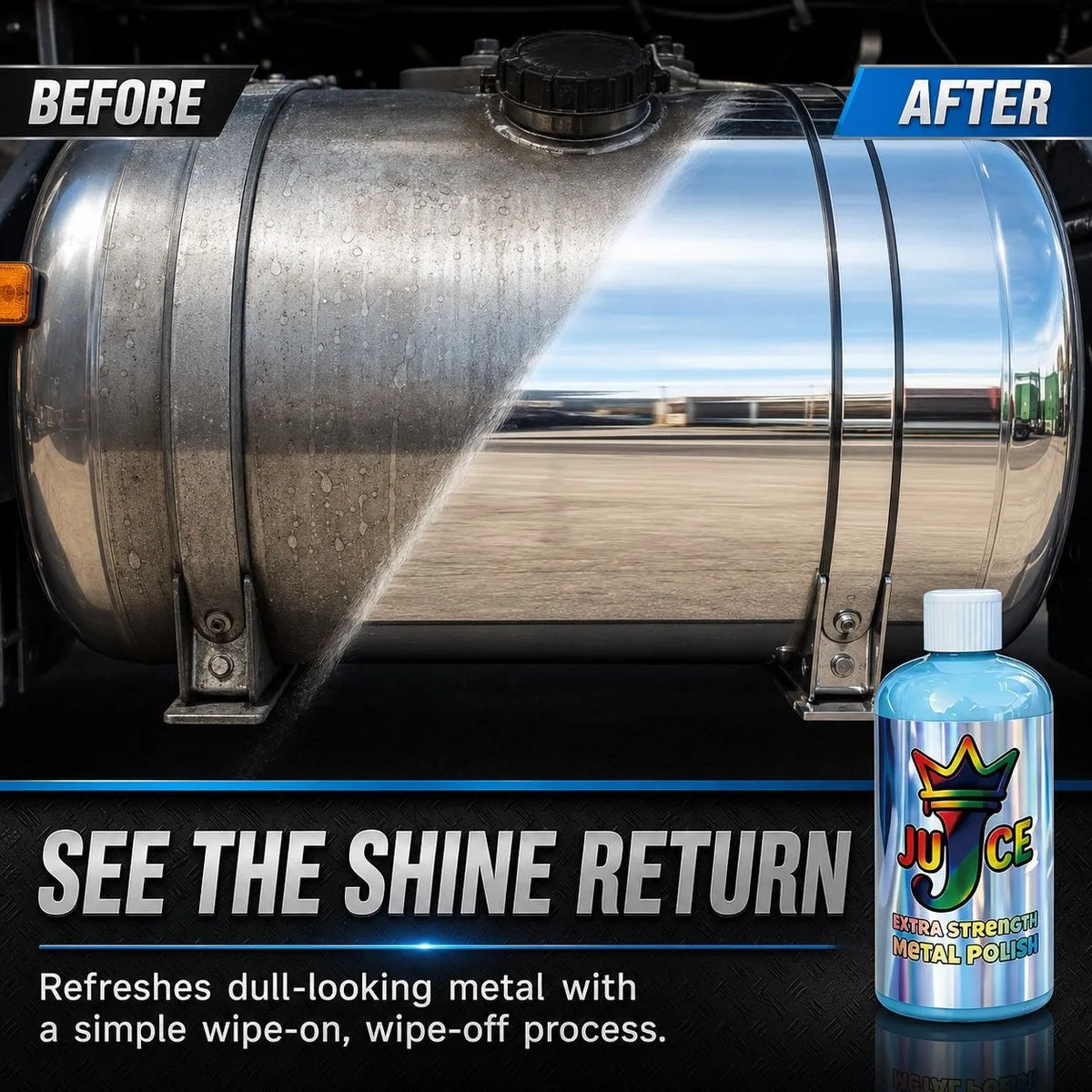 Before and after visualization of dull metal polished to a brighter reflective appearance using JUICE Extra Strength Metal Polish