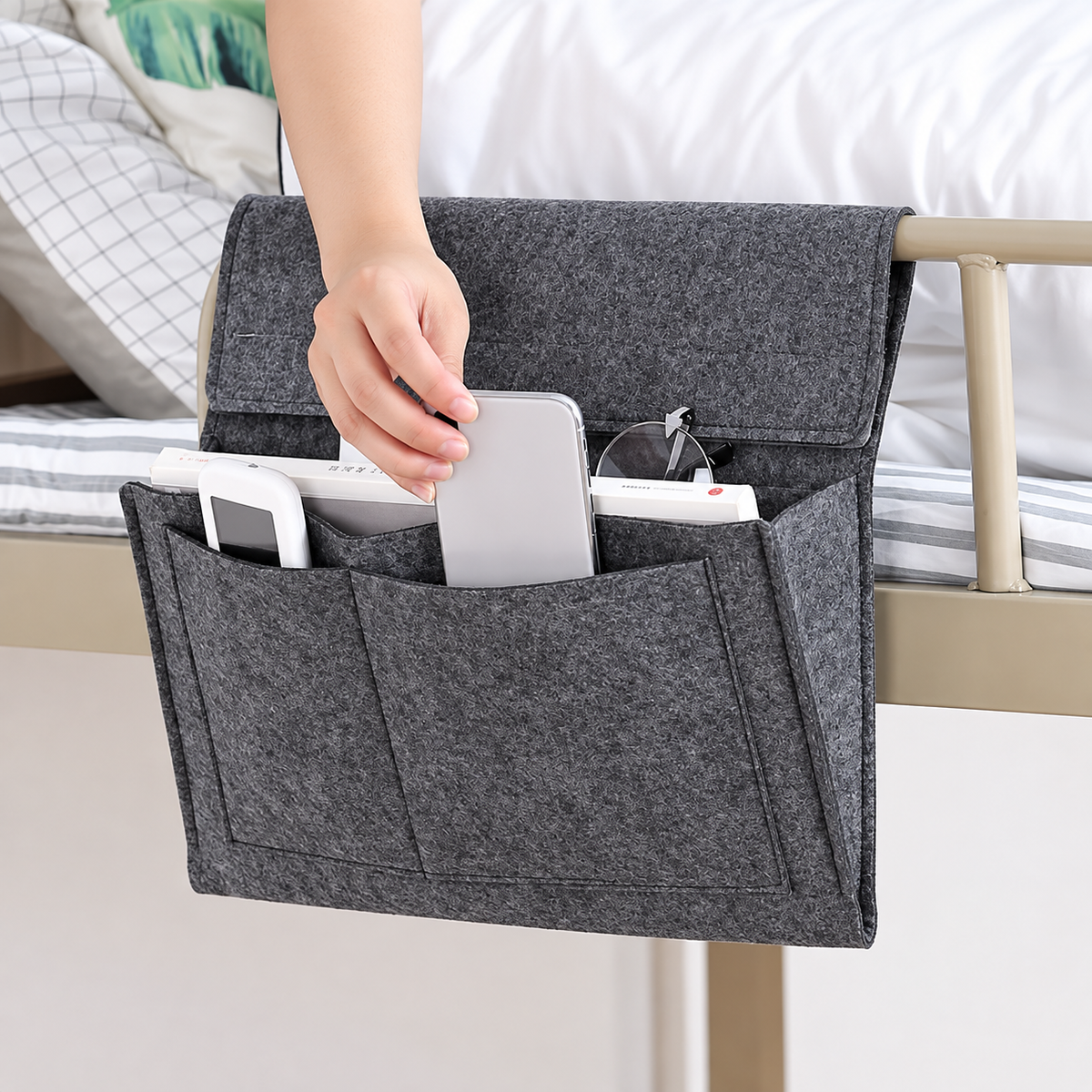 BedEase™ Hanging Bedside Organizer – Multi-Pocket Bed Caddy for Phone, Books & Nighttime Essentials