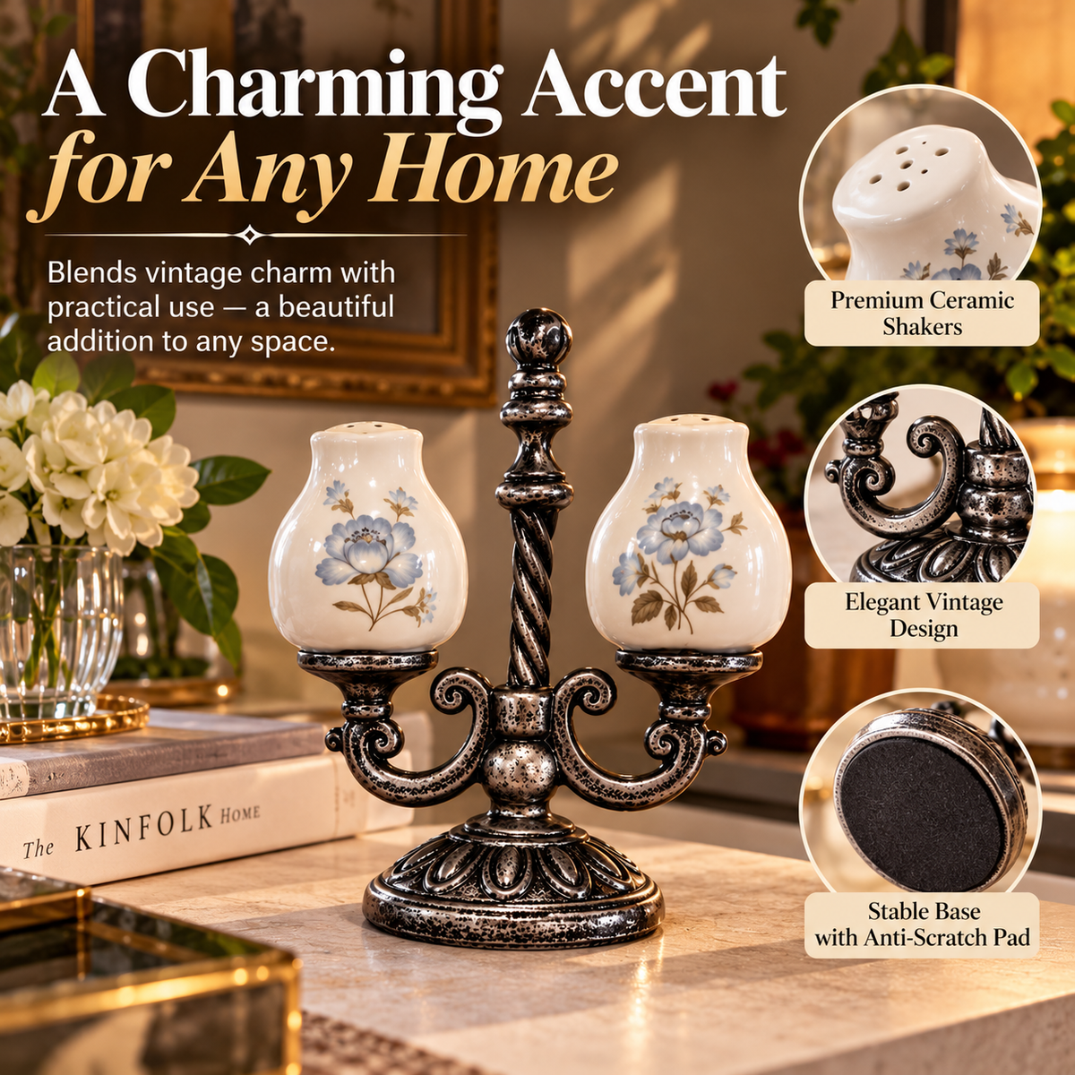 FloraVintage™ – Elegant Ceramic Salt & Pepper Shaker Set with Ornate Stand