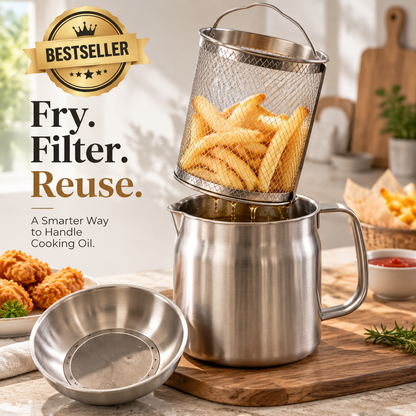 ✨ Stainless Steel Cooking Oil Filter Pot Set | Removable Mesh Basket + Drip Tray | Lift, Drain & Reuse Frying Oil 🍟🔥