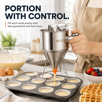 20OZ/40OZ Stainless Steel Pancake Batter Dispenser - Kitchen Metal Utensils with Silicone Leak-Proof Nozzle, Squeeze Handle, Stand & Precise Control for Pancakes, Waffles, Cupcakes