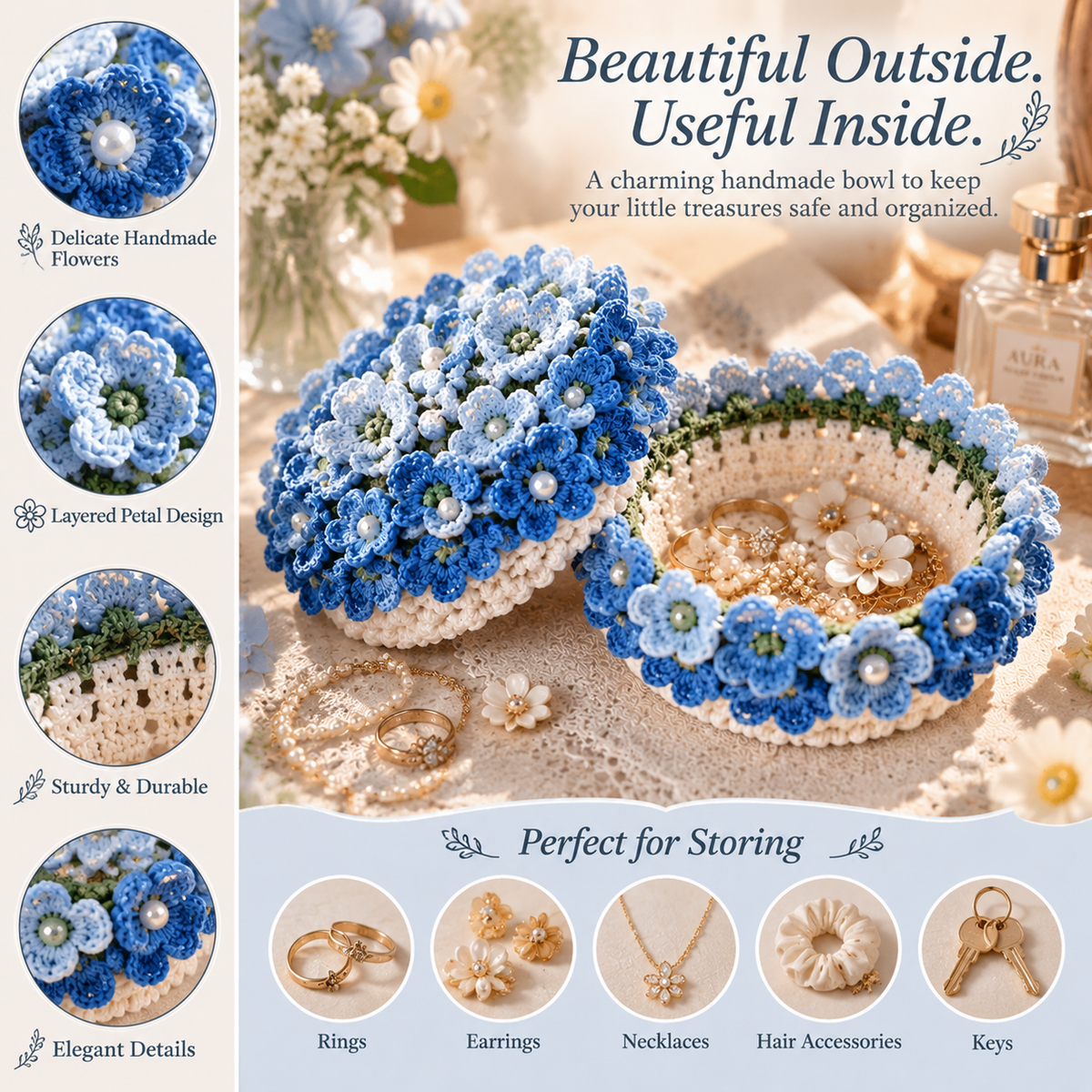 Handmade Crochet Flower Jewelry Bowl with Lid