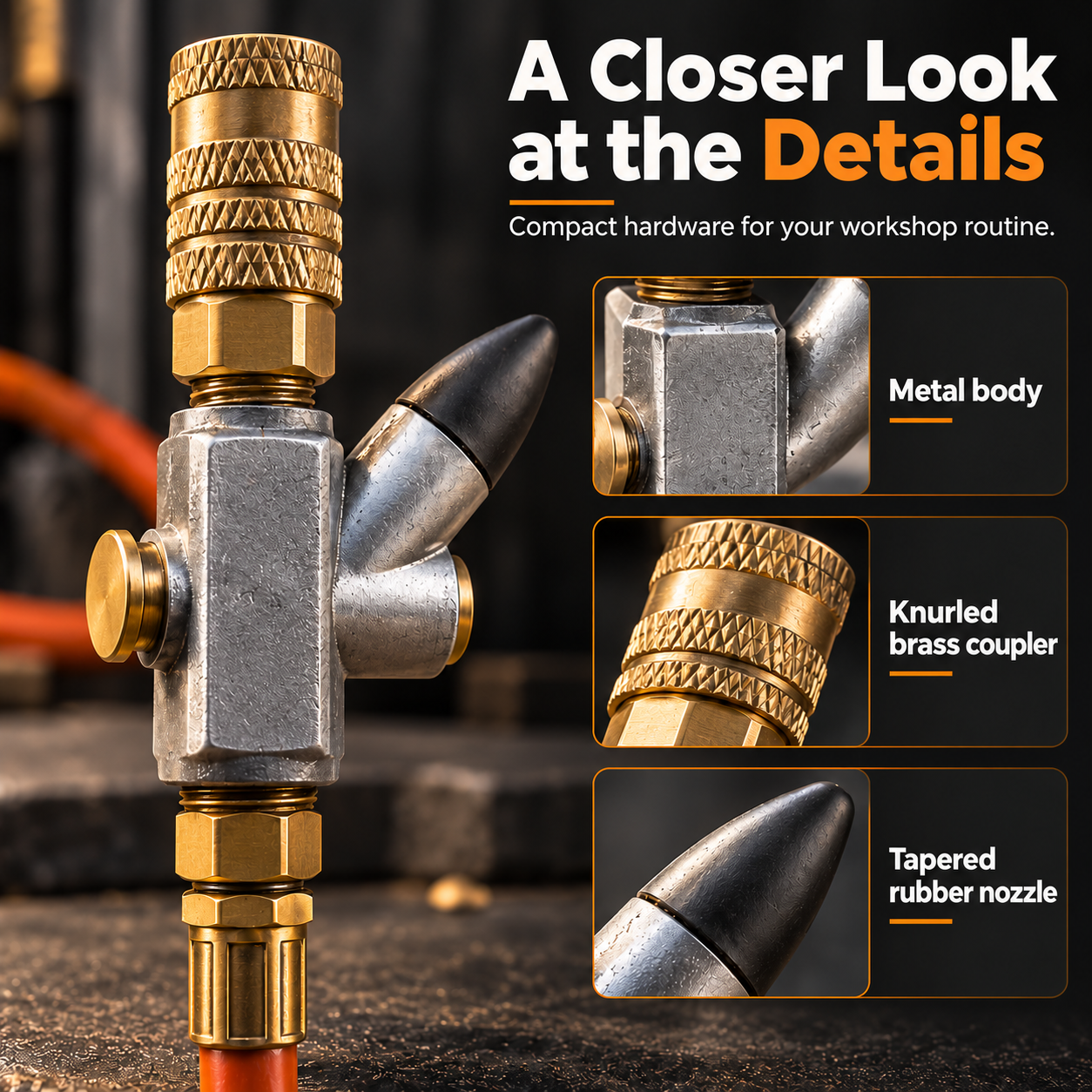 Detailed views of the metal body, knurled brass coupler and tapered rubber nozzle