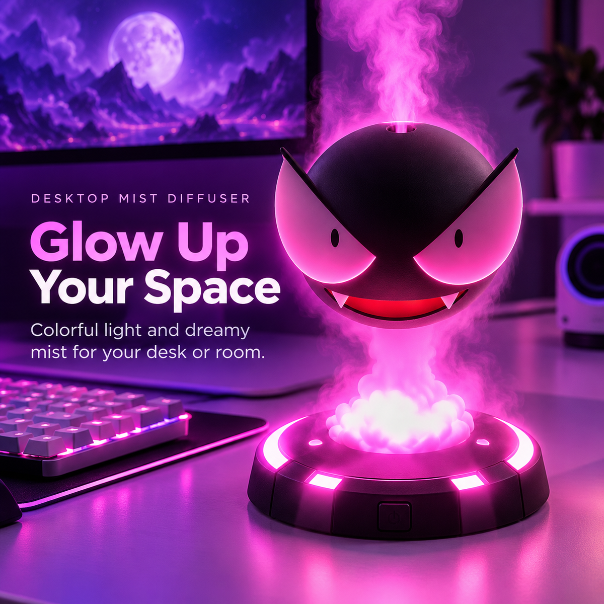 GlowMist LED aroma diffuser with colorful pink mist and mood lighting