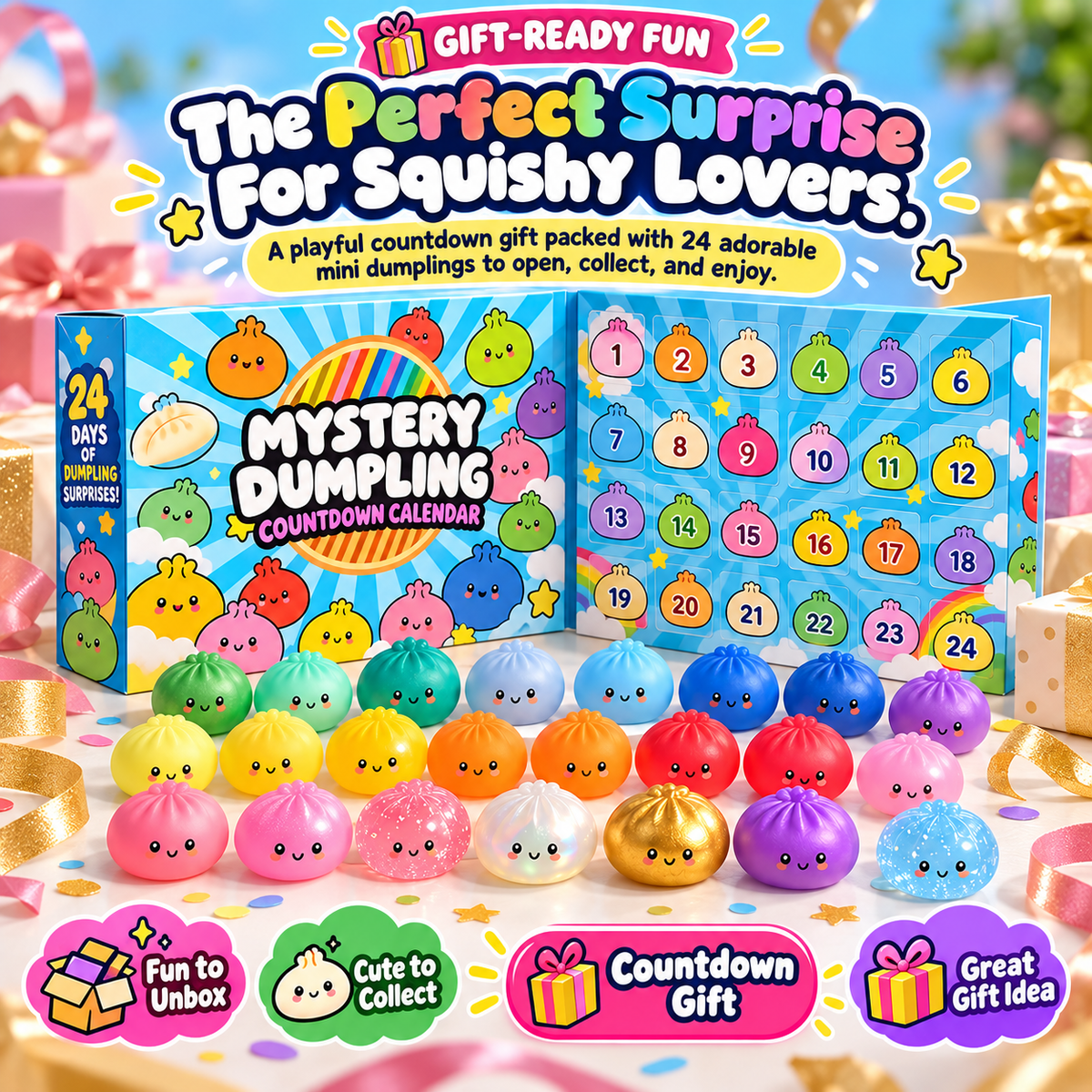 MiniMystery Dumpling Surprise Calendar presented as a colorful Christmas countdown gift