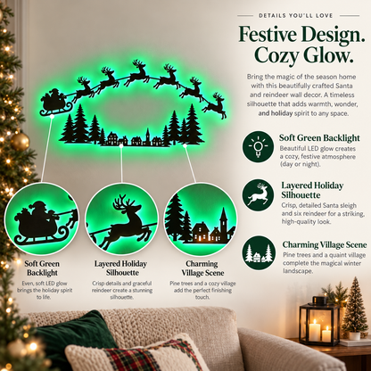 LED Christmas Wall Decor with Santa Sleigh & Reindeer, Green Glowing Holiday Wall Light, Festive Wall Hanging Decoration for Living Room, Bedroom, Fireplace & Seasonal Home Decor