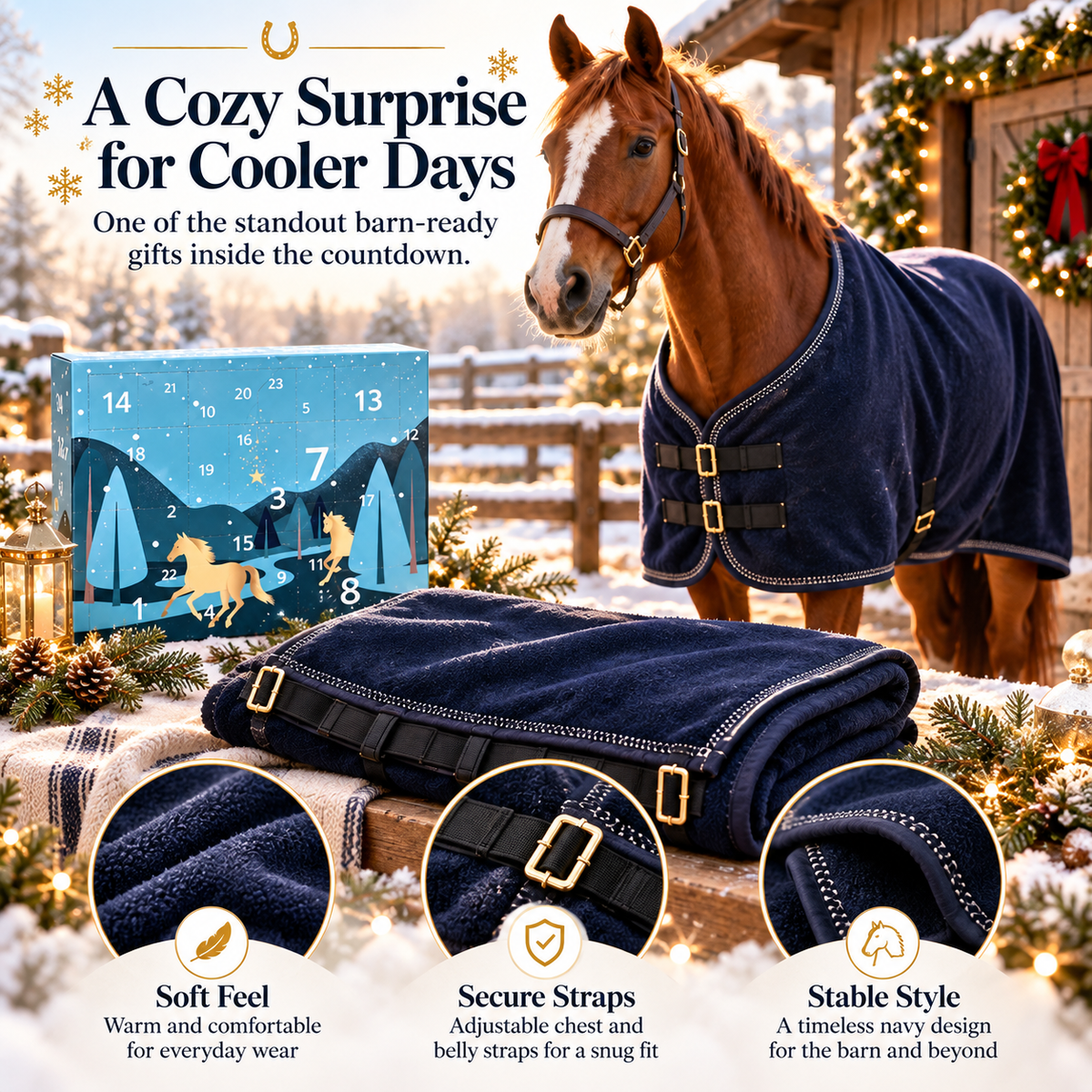 Promotional winter barn scene featuring a horse wearing a navy blanket beside an advent calendar