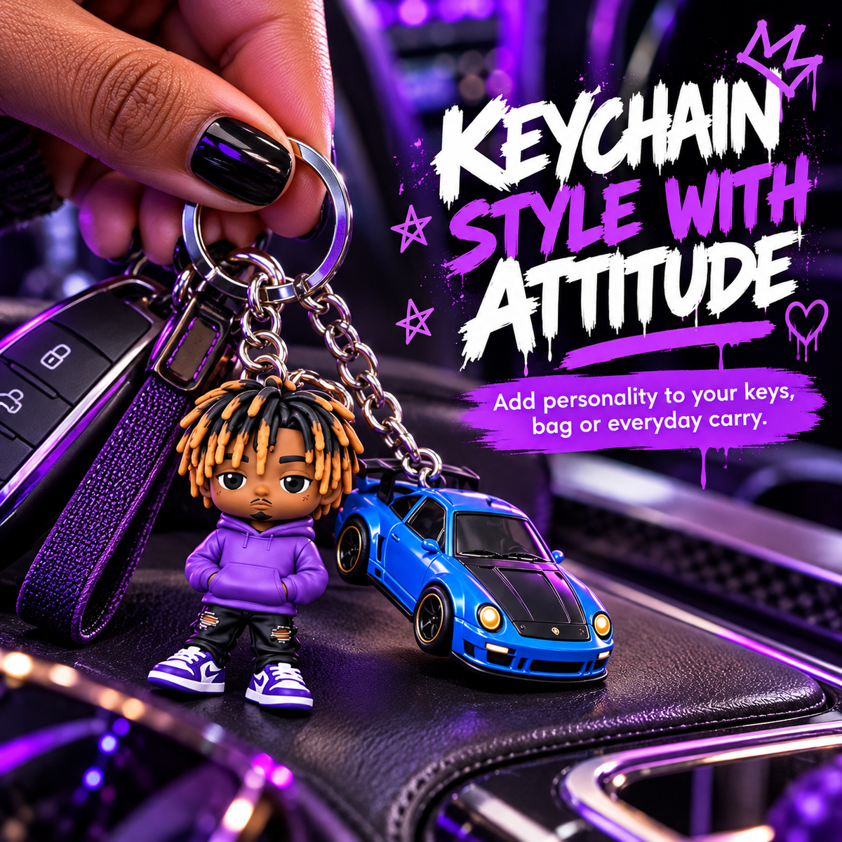 Close-up of streetwear-inspired keychain charms used to personalize everyday keys and accessories