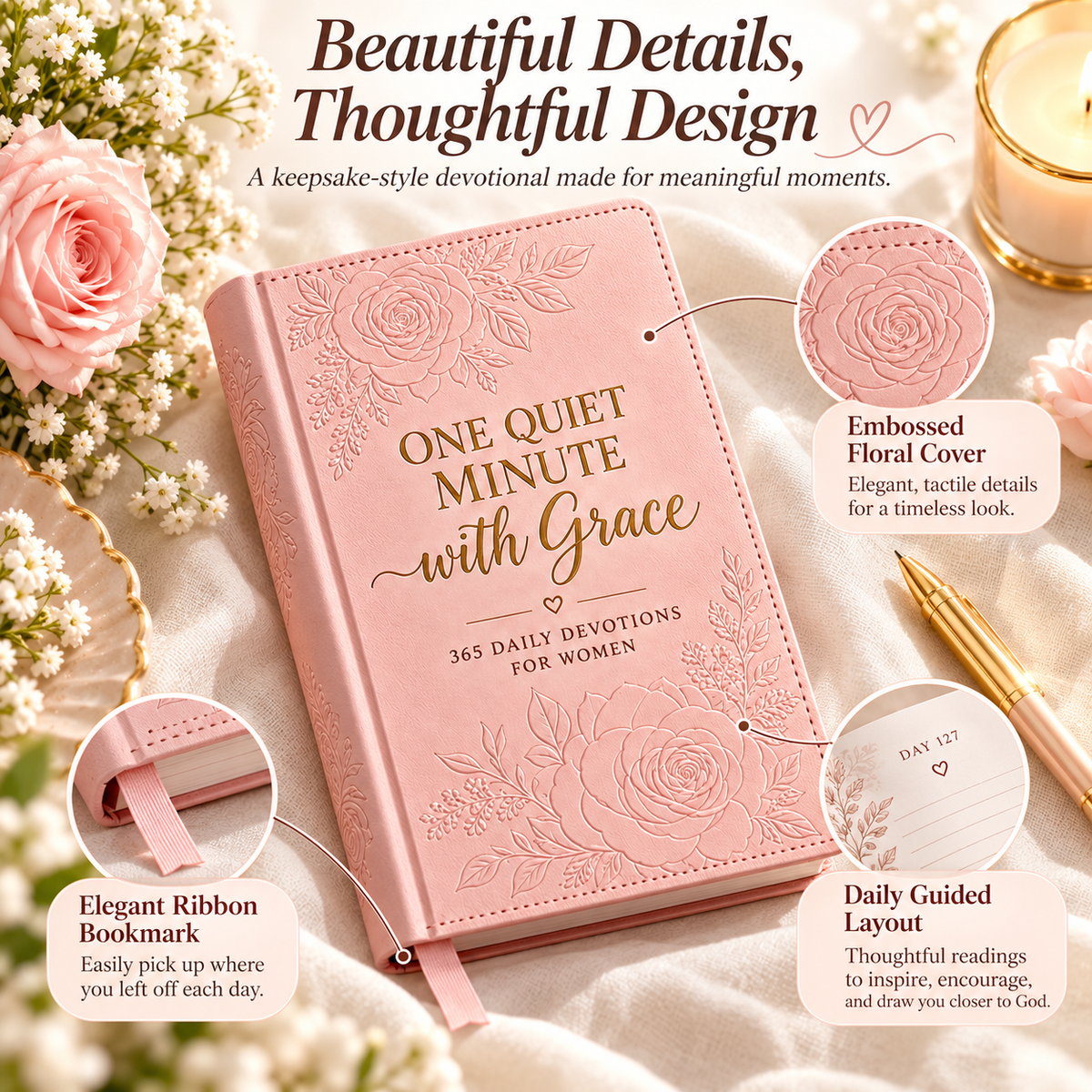 🌸 A Year of Grace – Pink Floral Daily Reflection Journal ✨