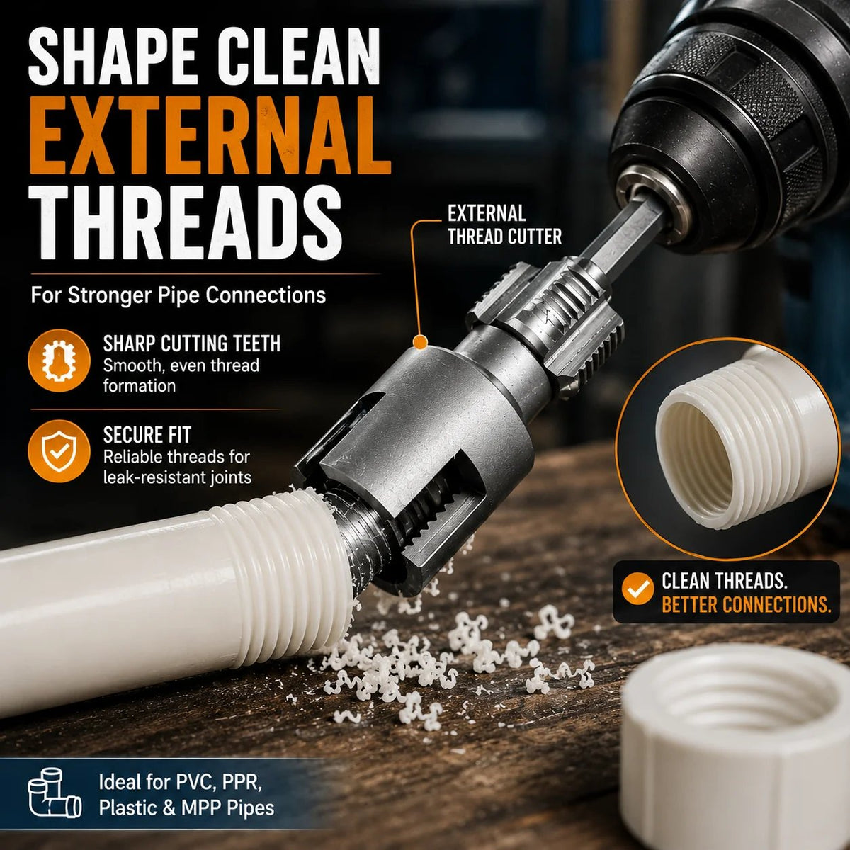 🔥HOT SALE🔥📍Drill-Powered Pipe Thread Cutting Bit — Internal & External Threading for 1/2' & 3/4' Plastic Pipes