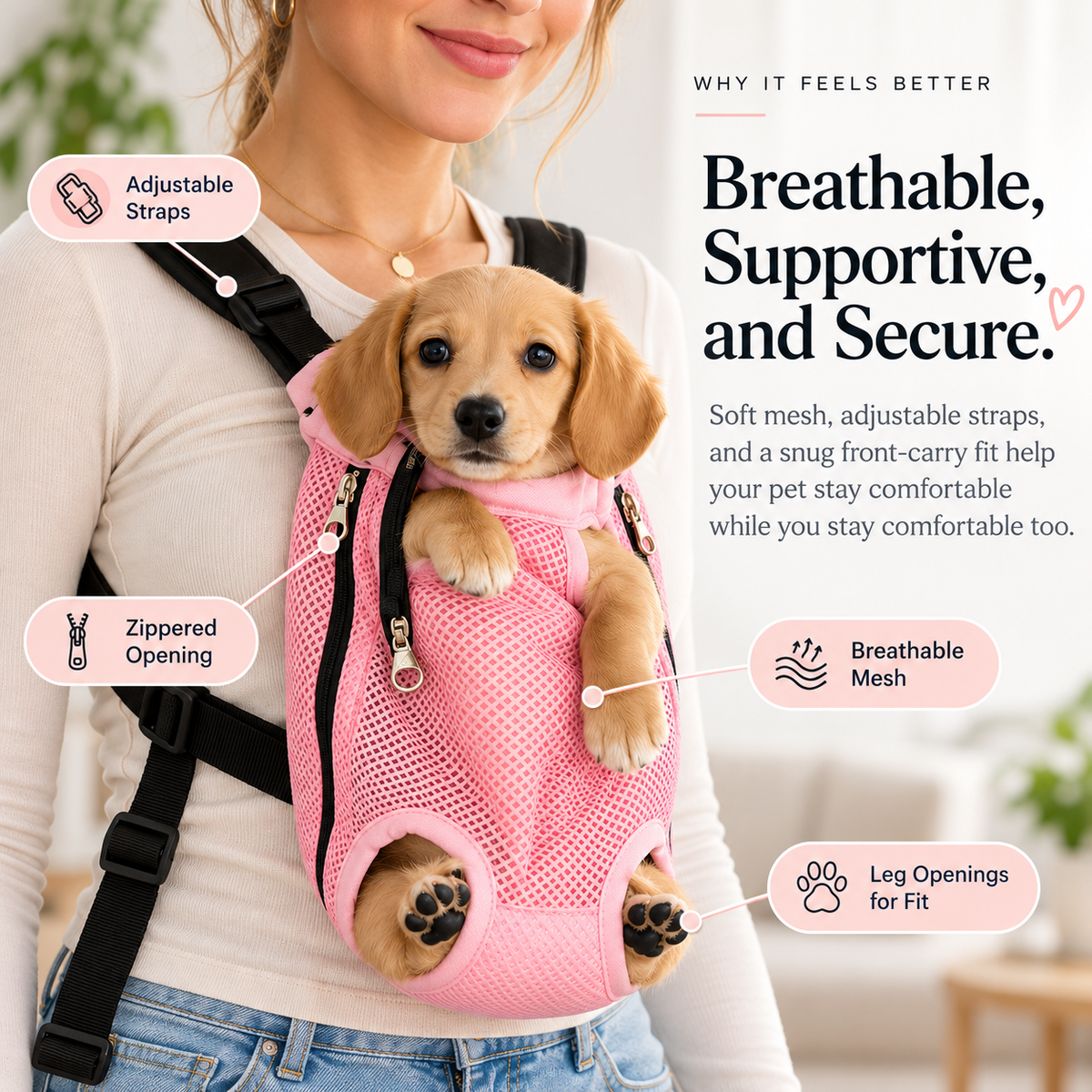 Detailed view of adjustable shoulder straps, breathable mesh, zipper access and leg openings on the pink front pet carrier