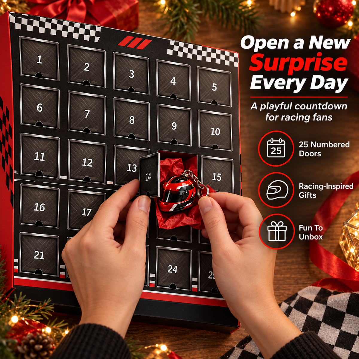Person opening a numbered racing advent calendar door to reveal a helmet shaped keepsake