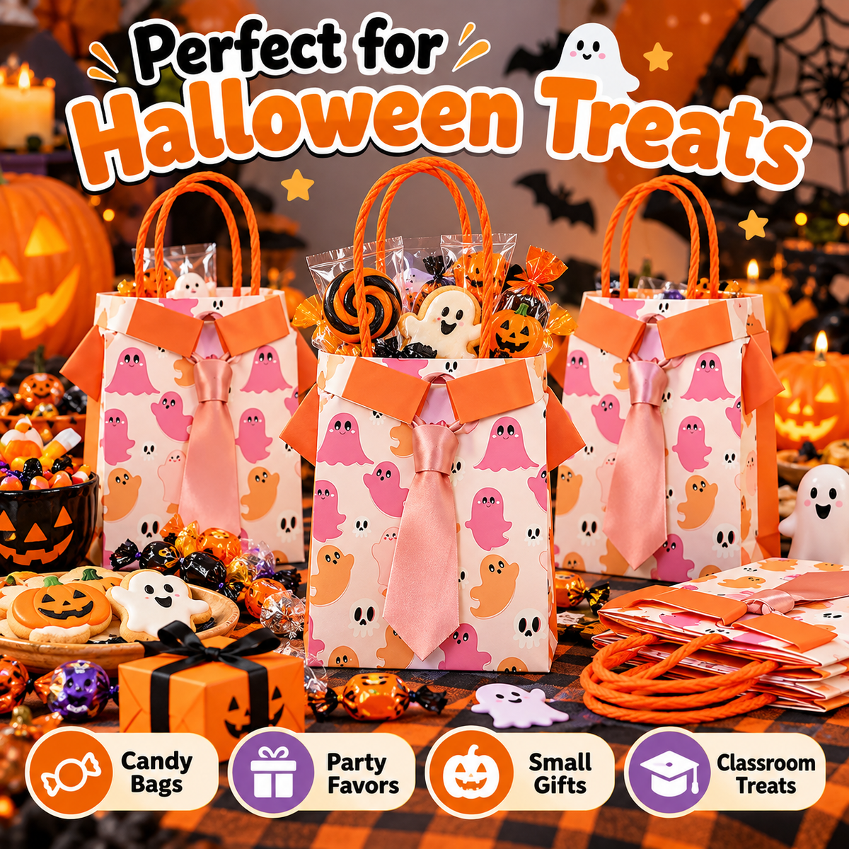 BooBows Halloween ghost treat bags filled with wrapped candy and party favors