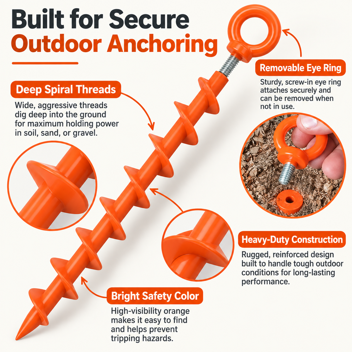 Close view of orange spiral ground anchor with removable eye-ring connection