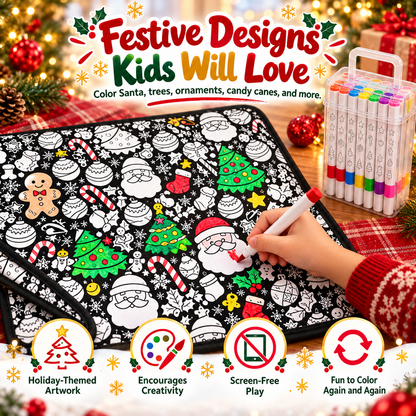 🎄 ColorJoy™ Christmas Coloring Mat Kit – Reusable Holiday Activity Set with 24 Markers