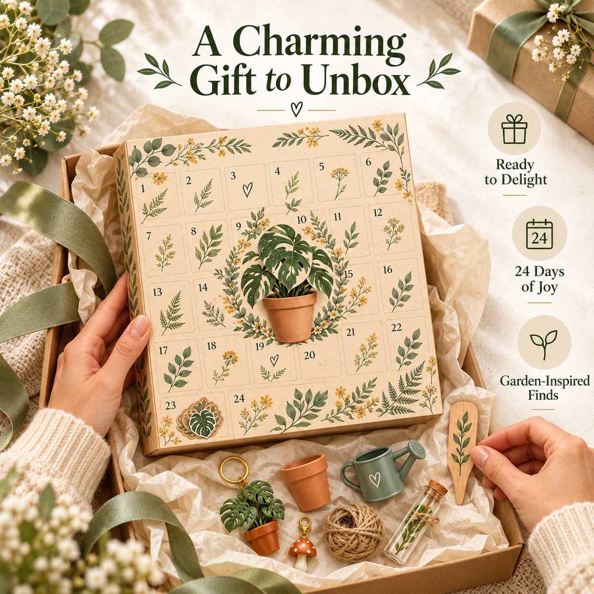 Botanical advent calendar presented in a gift box with natural wrapping and plant-themed decorative details