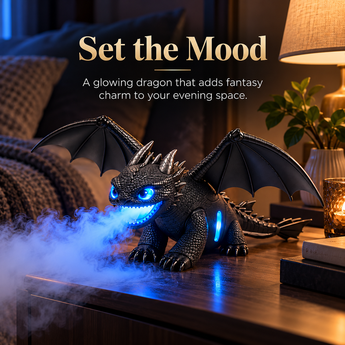 Illuminated dragon humidifier displayed on a table with blue mist and green eye lighting