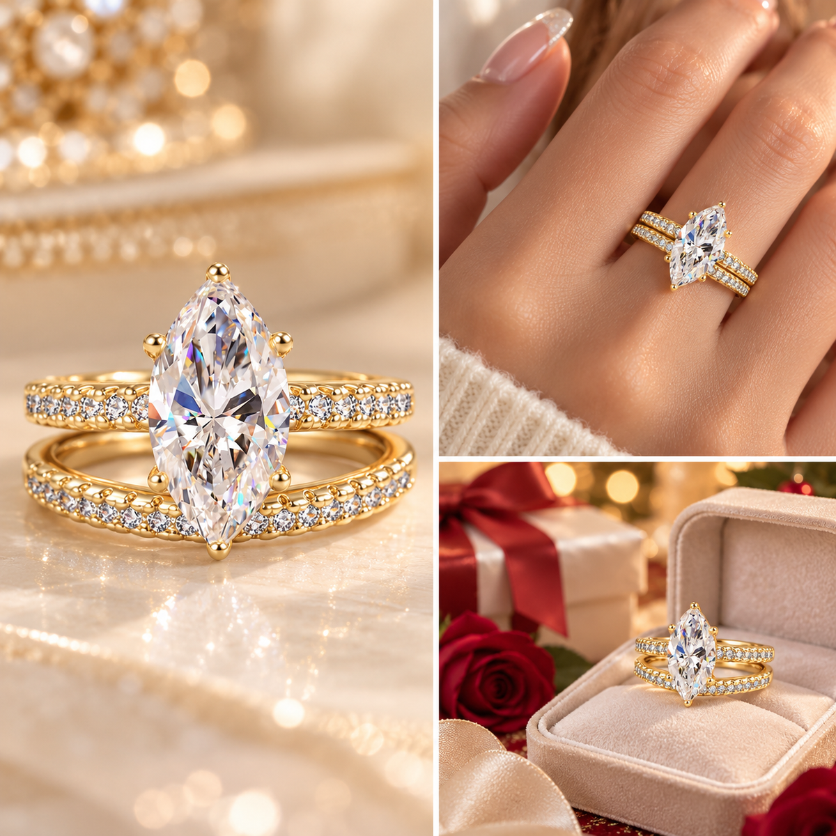 💍 Marquise Sparkle Ring Set – Elegant Two-Piece Gold-Tone Statement Jewelry ✨