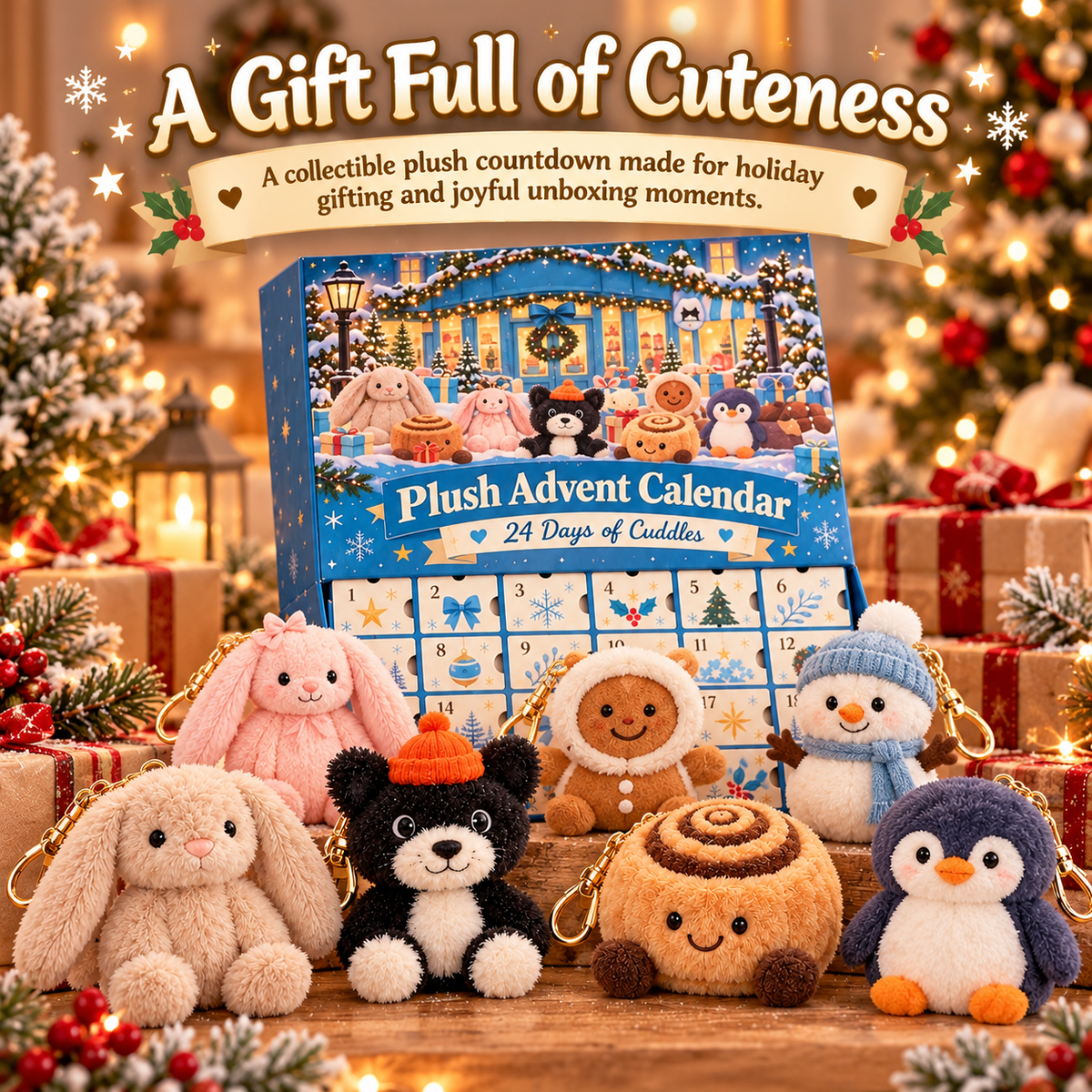 Assortment of plush advent calendar characters