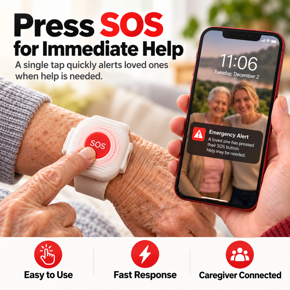 ❤️ SafeLink™ SOS Safety Watch – One-Touch Help & Fall Alert Support for Seniors
