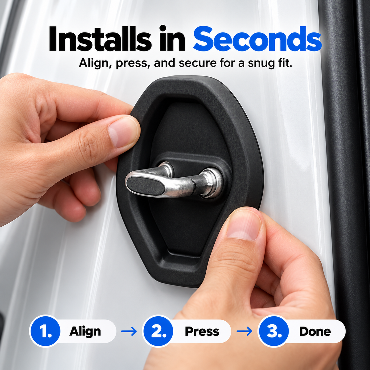 Hands positioning a black car door latch protector cover around a vehicle door latch
