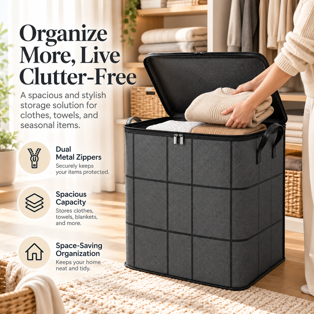 Folded clothes being placed into an open zippered storage box beside a closet