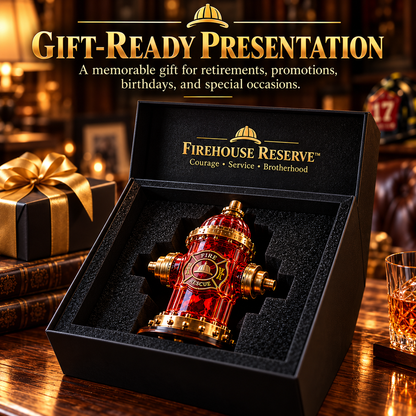 Firefighter-inspired decanter shown with presentation packaging