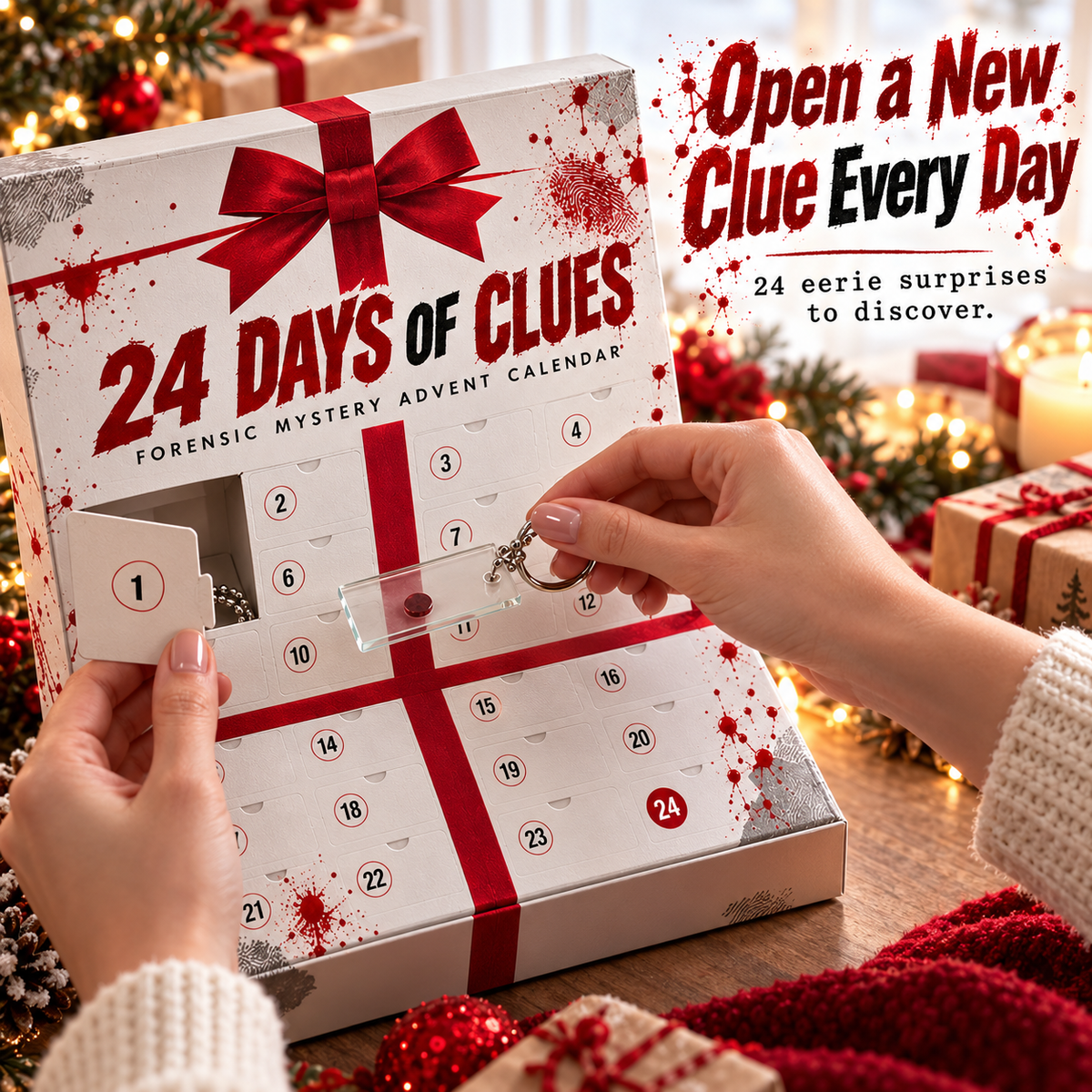 Hands opening the first numbered door of the forensic mystery advent calendar to discover a novelty clue accessory