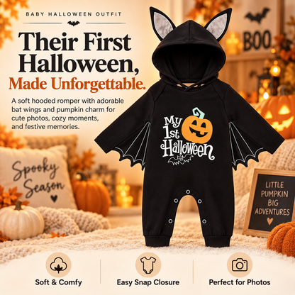 🦇 Little Boo™ My First Halloween Bat Romper – Adorable Hooded Baby Costume with Wings