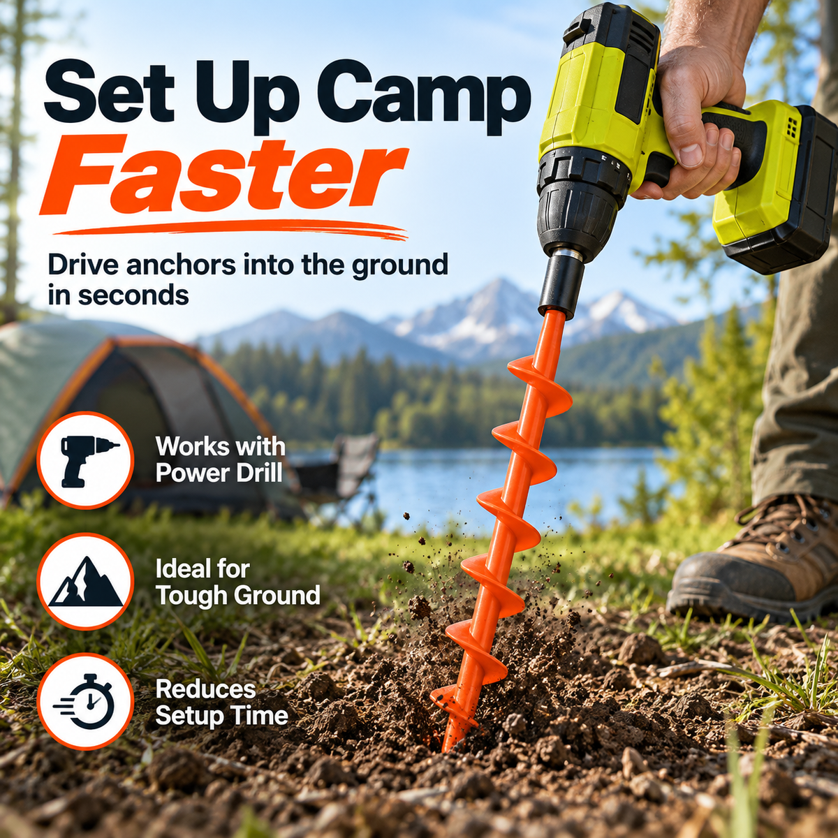 Power drill driving orange spiral ground anchor into campsite soil