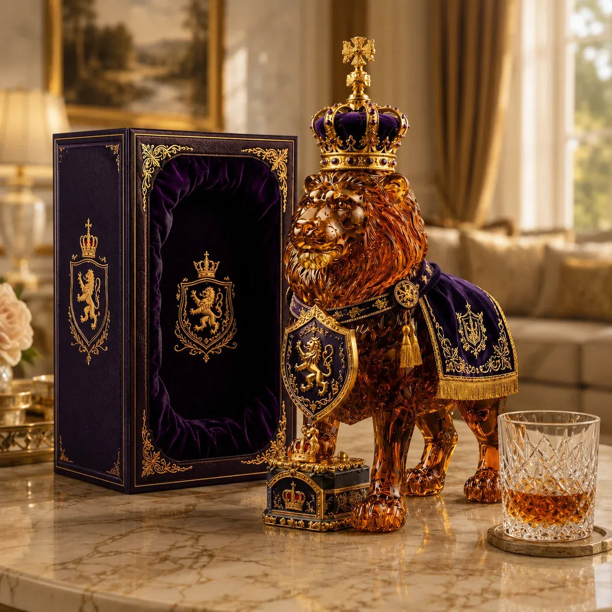 Amber-toned Royal Lion decanter displayed on a bright home bar with purple presentation box