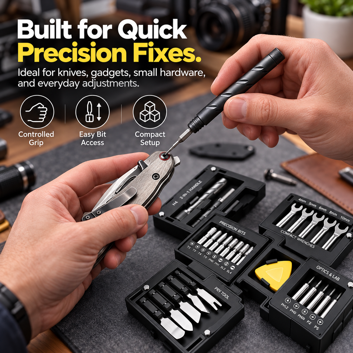 Hands using a precision screwdriver for a small repair with the modular tool cube open on a workbench