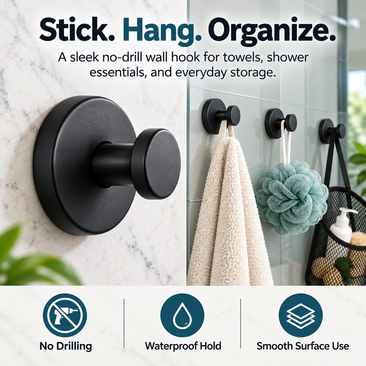 StickPro black no-drill wall hooks holding towels shower accessories and a hanging storage basket