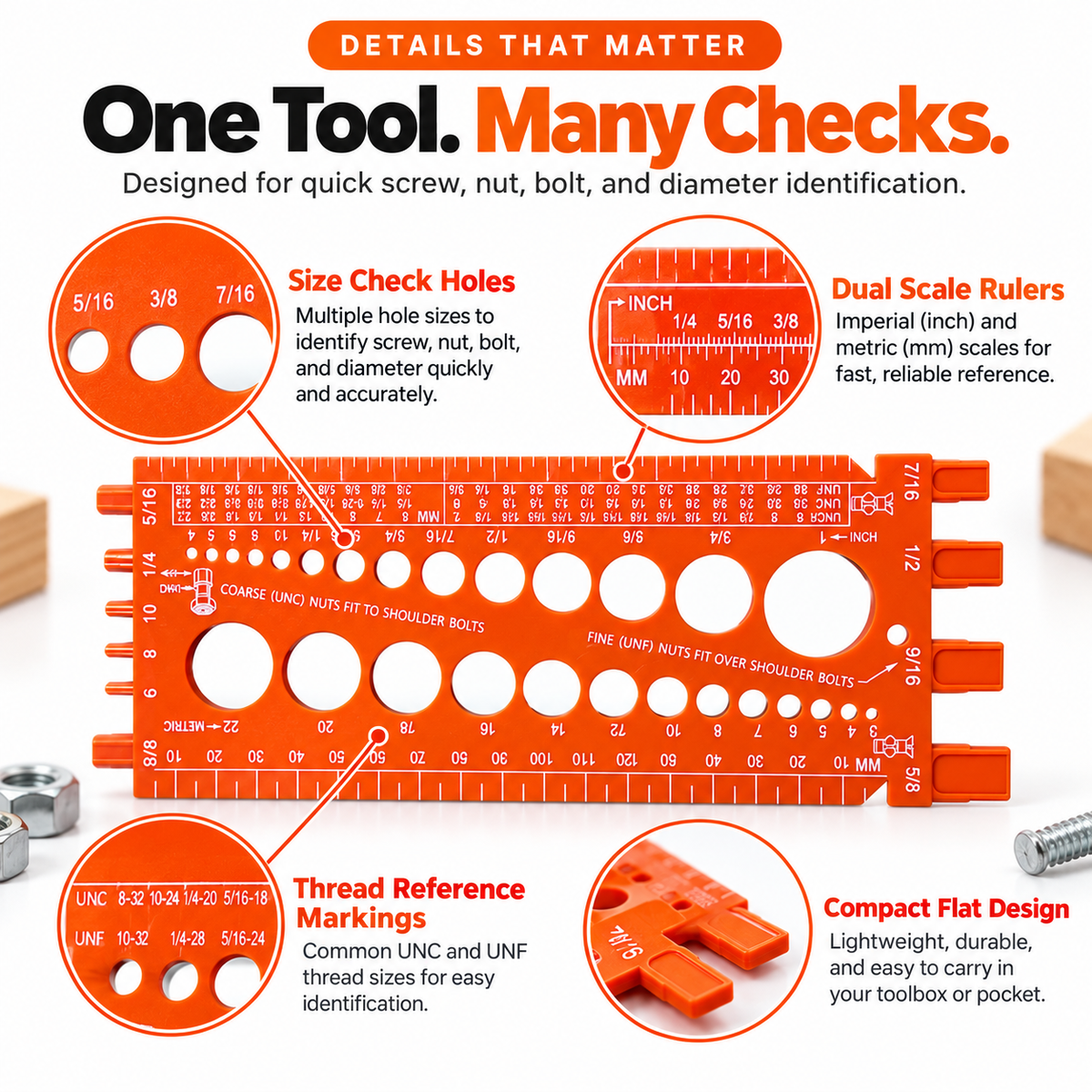 Screw & Nut Size Checker Gauge, Inch & Metric Bolt Measuring Tool, Thread Size Identification Ruler for Screws, Nuts, Bolts & Holes, Compact Workshop Reference Tool