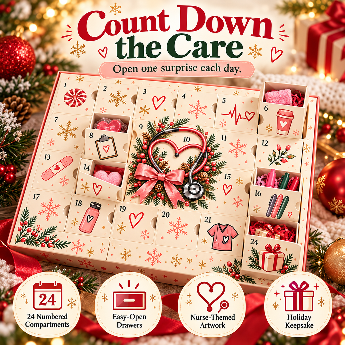 Open one numbered surprise each day in the nurse advent calendar