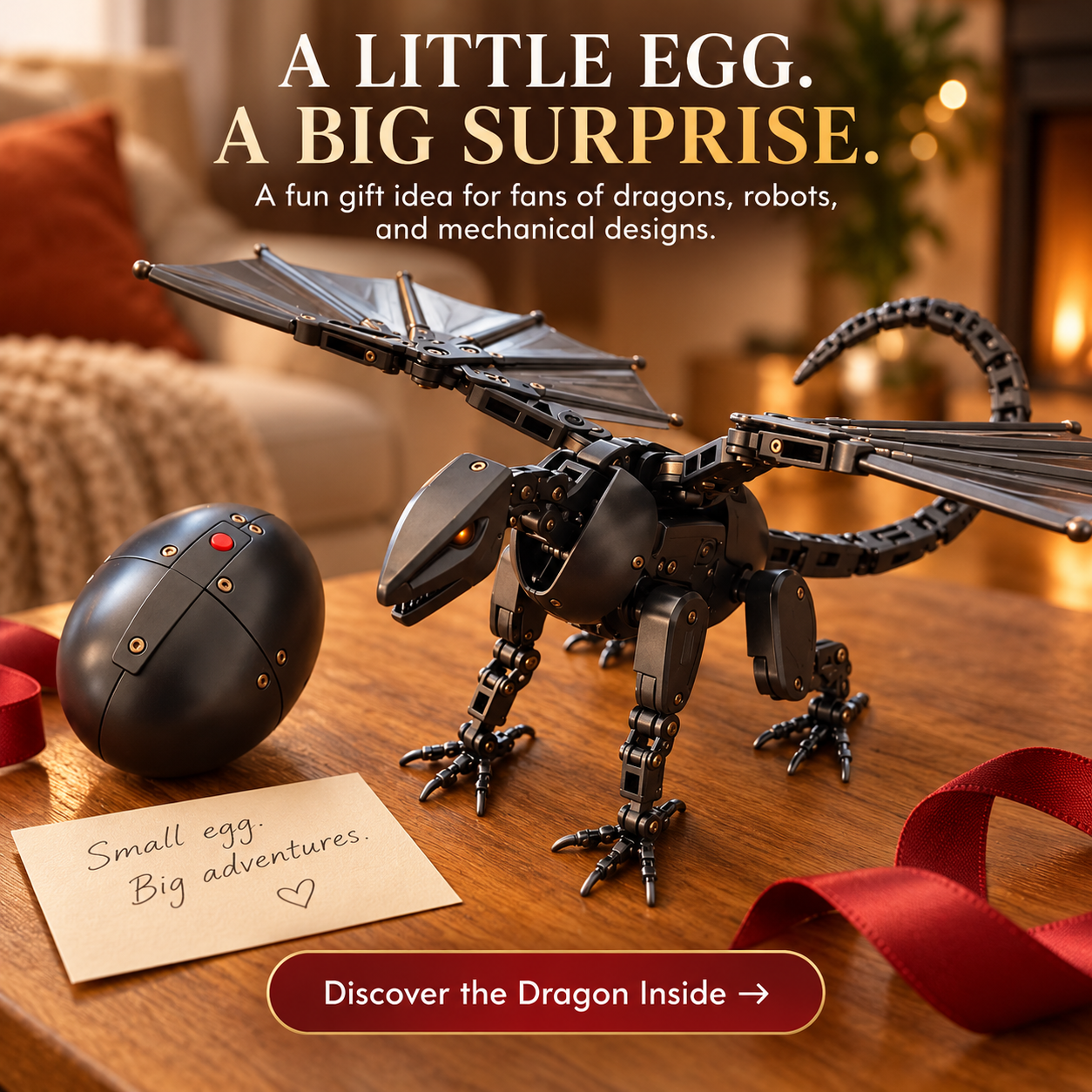Egg and dragon forms illustrated in a warm gift-themed setting