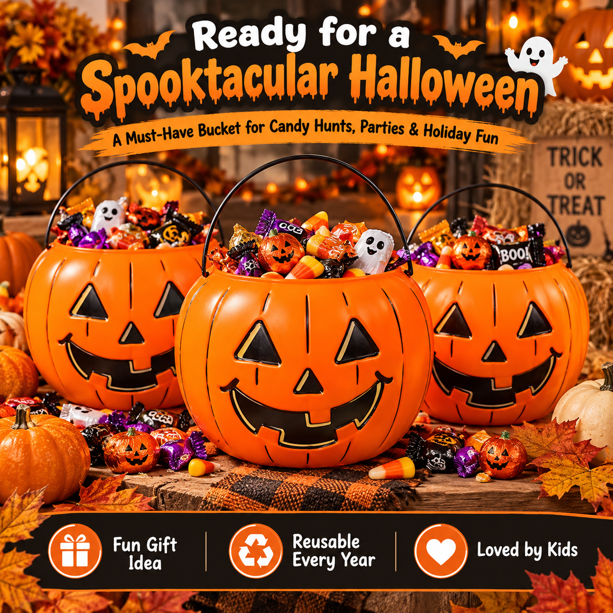 🎃 PumpkinPal™ Halloween Trick-or-Treat Candy Bucket – Classic Reusable Jack-O’-Lantern Basket