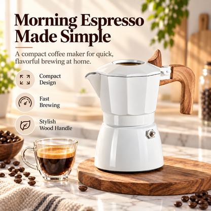 ☕ 2-Cup Electric Moka Pot – Compact Italian Espresso Maker with Ceramic Non-Stick Interior, High-Pressure Extraction & Wood-Style Handle for Home & Office