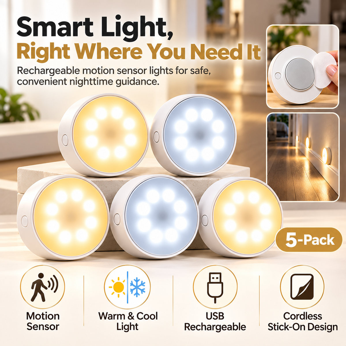 💡 GlowSense™ Rechargeable Motion Sensor Lights – Wireless Stick-On Lights for Stairs, Closets & Hallways