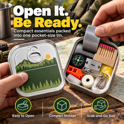 Pocket Survival Kit, Compact Emergency Essentials Tin with Multi-Tool Accessories, Mini Outdoor Preparedness Kit for Camping, Hiking, Travel, Backpacking & Everyday Carr