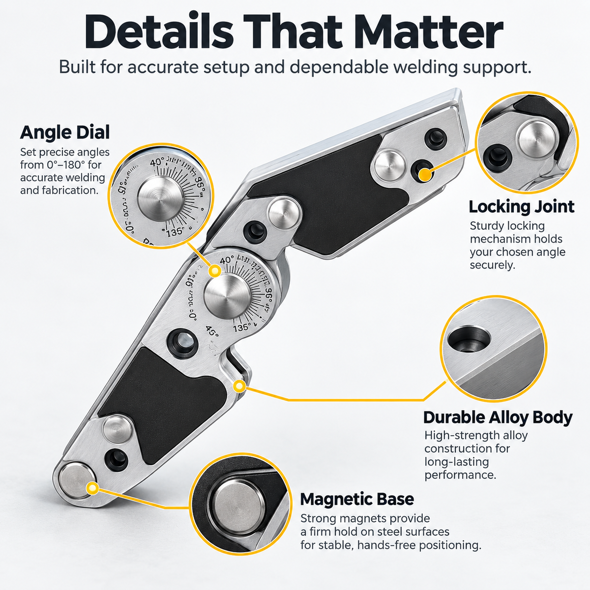 Welding angle holder detail diagram showing angle dial locking joint alloy body and magnetic base