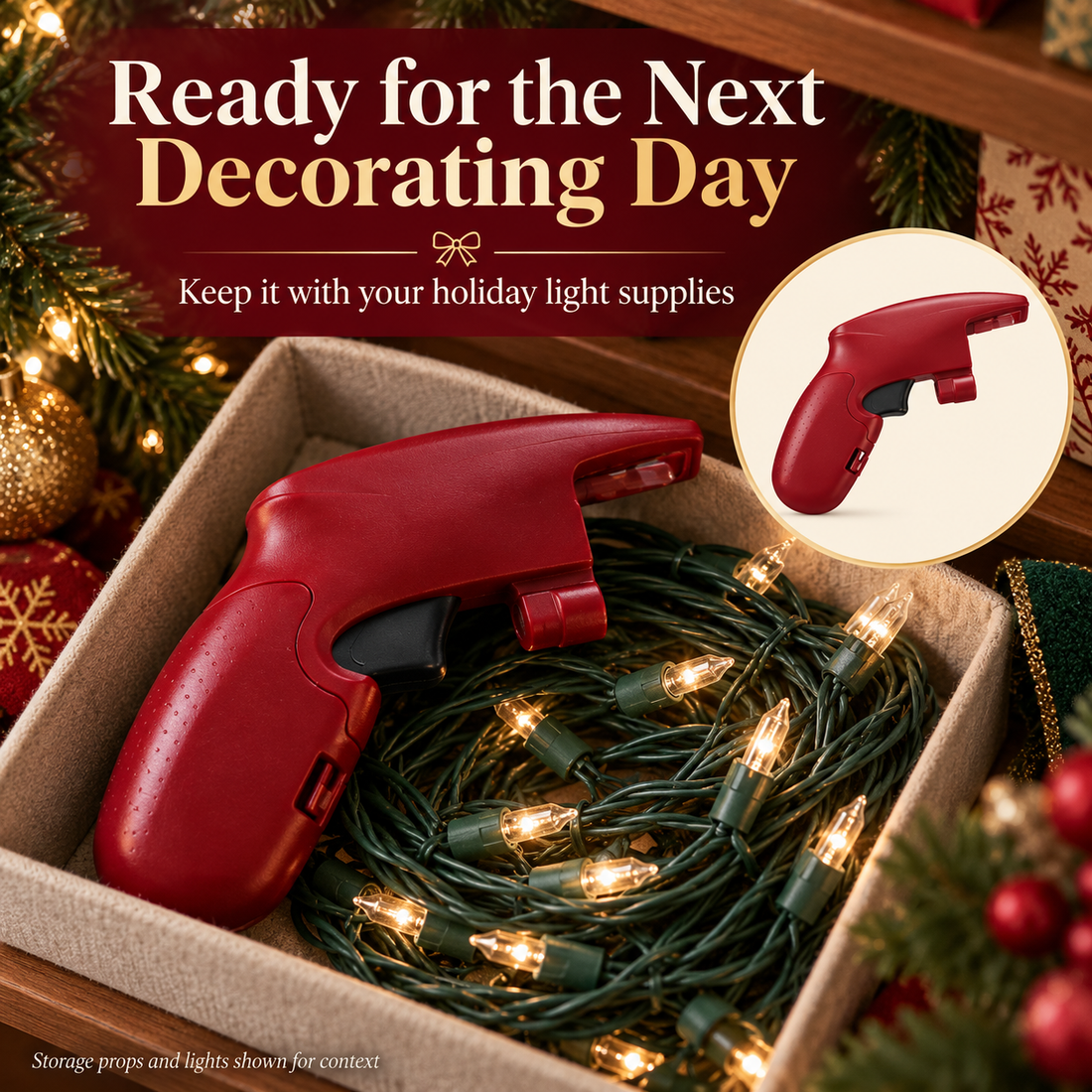 GlowFix tool stored with Christmas string lights for the next decorating season